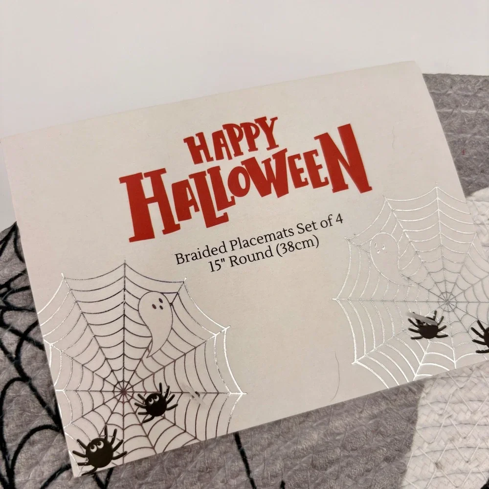 Happy Halloween Braided Placemats Set of 4 15 Inch Round Ghost Pumpkin Grey